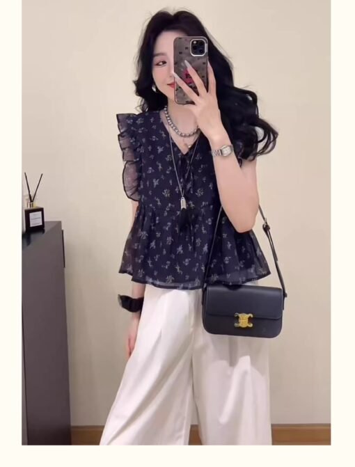 Vapetix S-XL  Korean-style wood ear edge floral V-neck women's 2025 summer new trendy versatile chiffon shirt top - Afbeelding 9