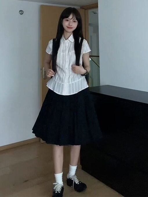 Vapetix S-XL  Japanese-style sweet girl white short-sleeved shirt top for women - summer new arrival simple and v - Imagen 2