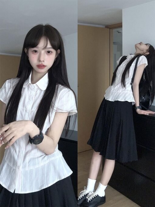 Vapetix S-XL  Japanese-style sweet girl white short-sleeved shirt top for women - summer new arrival simple and v - Imagen 3
