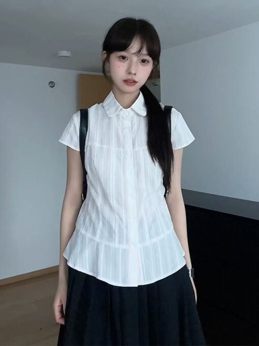 Vapetix S-XL  Japanese-style sweet girl white short-sleeved shirt top for women - summer new arrival simple and v - Imagen 4