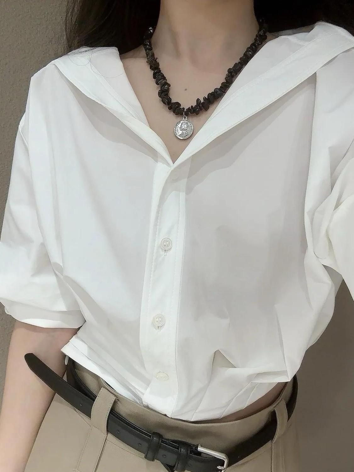 Vapetix S-3XL Chic White Half-Sleeve Short-Sleeve Shirt Summer New Loose Elegant Design Blouse Women Fashion Casu – Bild 4