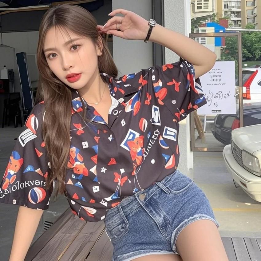 Vapetix M-2XL ~Fun cartoon print women's retro loose versatile slimming tunic shirt summer trend~