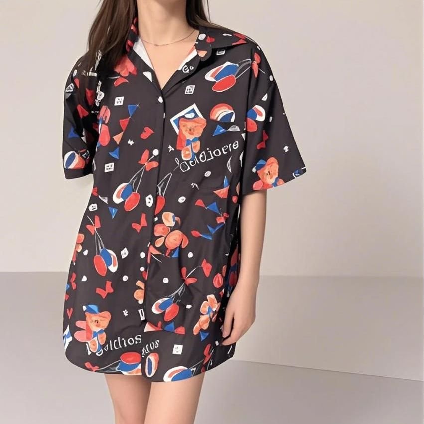 Vapetix M-2XL ~Fun cartoon print women's retro loose versatile slimming tunic shirt summer trend~ – Bild 4