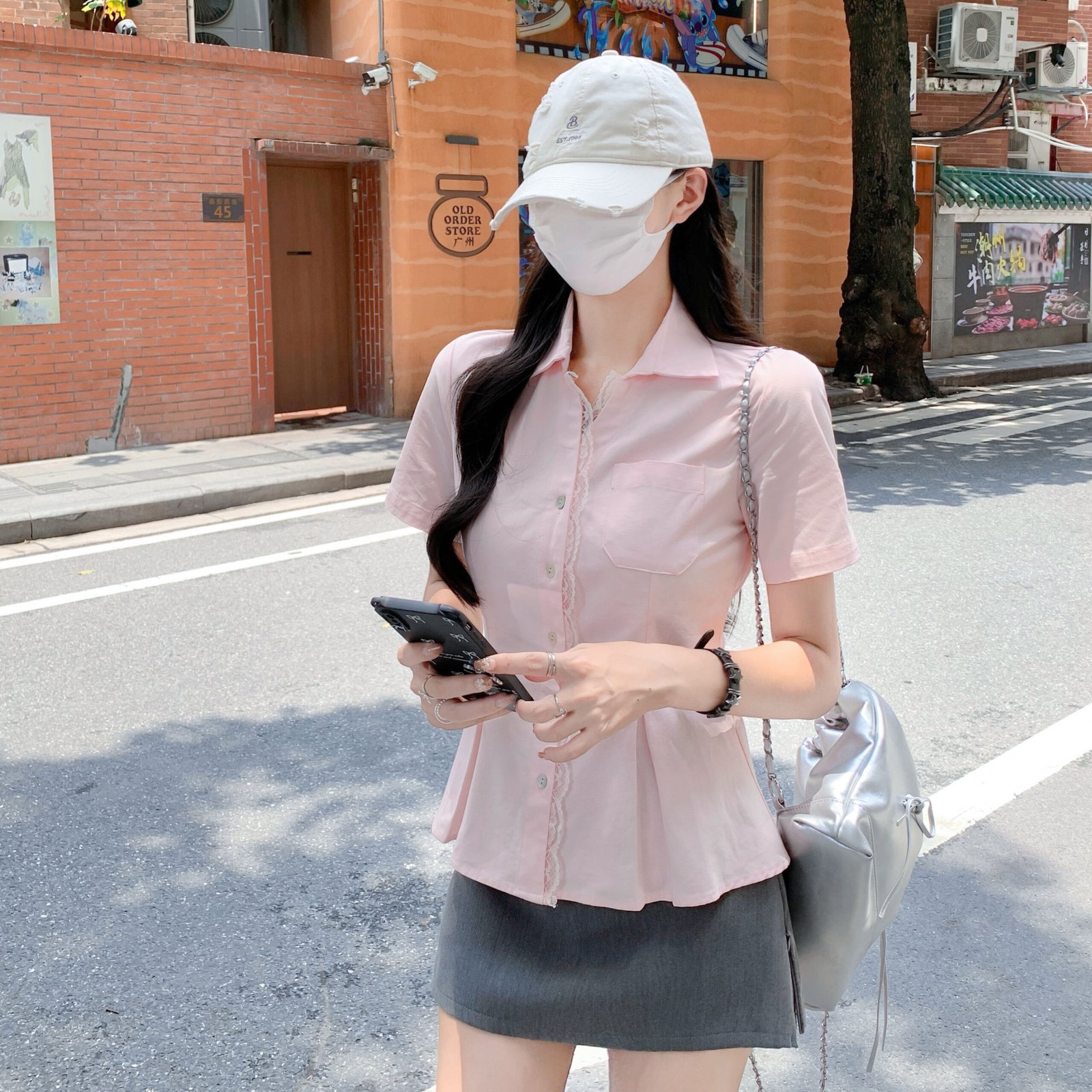 Vapetix S-XL Photographed #Pink Lace Edge Short-Sleeve Women's Summer 2025 New Arrival High-End Feel Square Shou