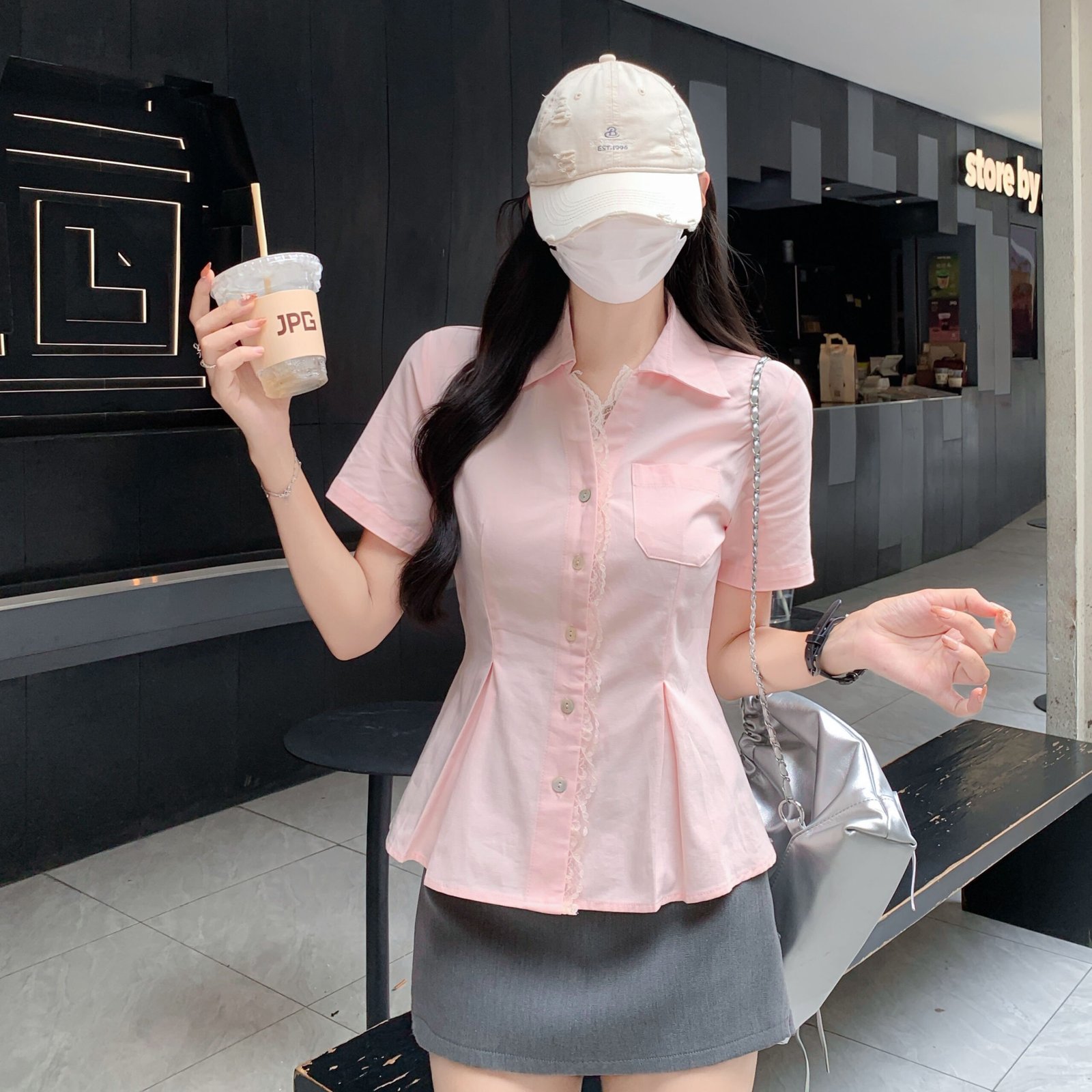 Vapetix S-XL Photographed #Pink Lace Edge Short-Sleeve Women's Summer 2025 New Arrival High-End Feel Square Shou – Bild 4