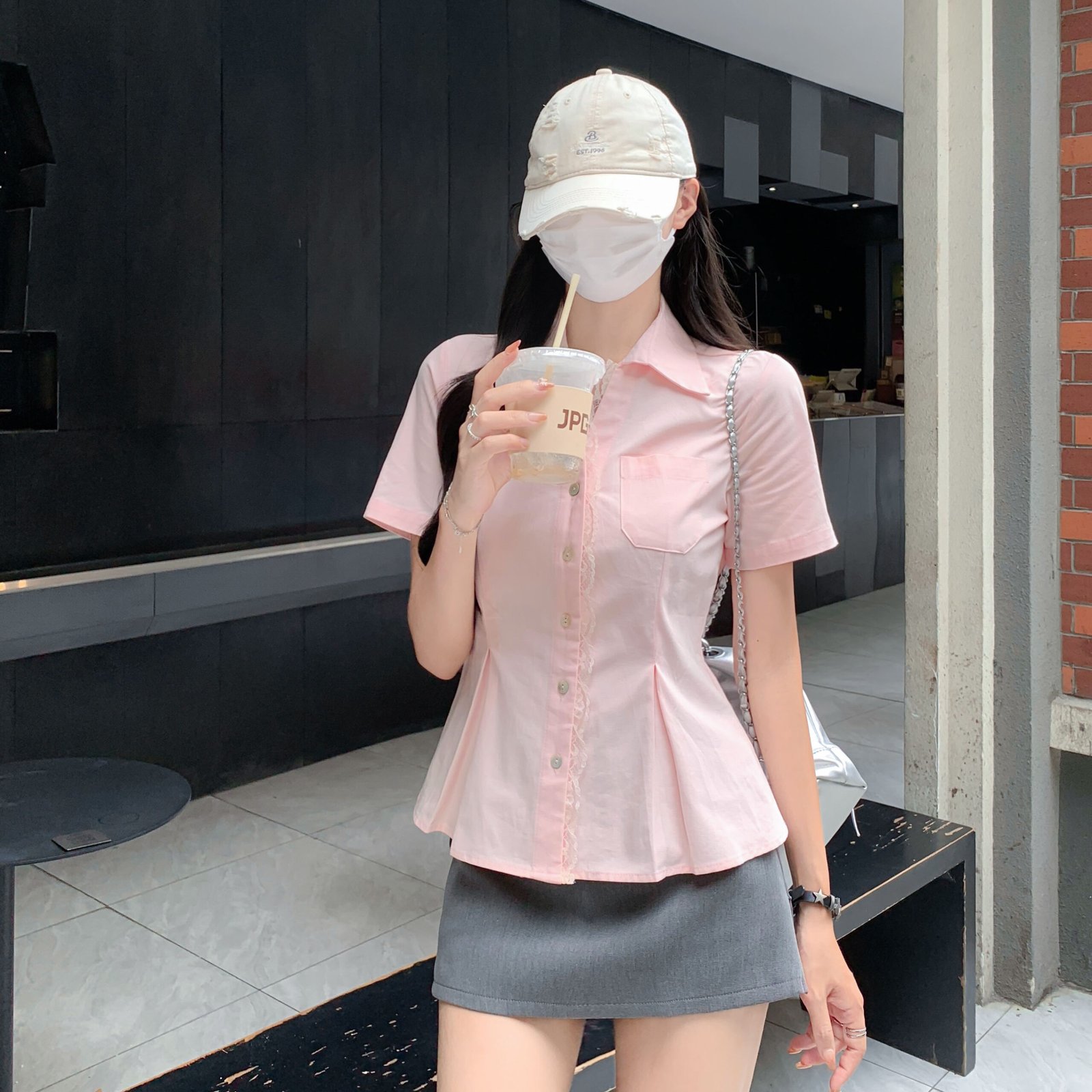 Vapetix S-XL Photographed #Pink Lace Edge Short-Sleeve Women's Summer 2025 New Arrival High-End Feel Square Shou – Bild 5