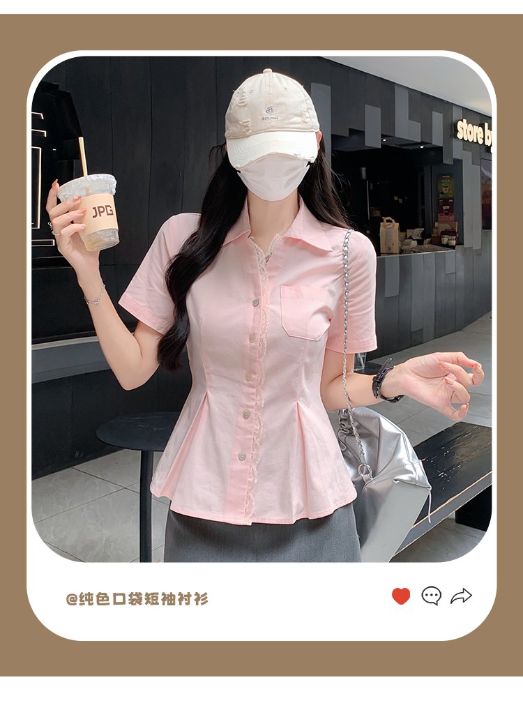 Vapetix S-XL Photographed #Pink Lace Edge Short-Sleeve Women's Summer 2025 New Arrival High-End Feel Square Shou – Bild 6