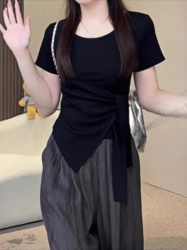 Vapetix M-4XL Pure Cotton Design Sensory Irregular Strapped Waist-Snapping Short-Sleeve T-Shirt for Women - Summe - 图片 2