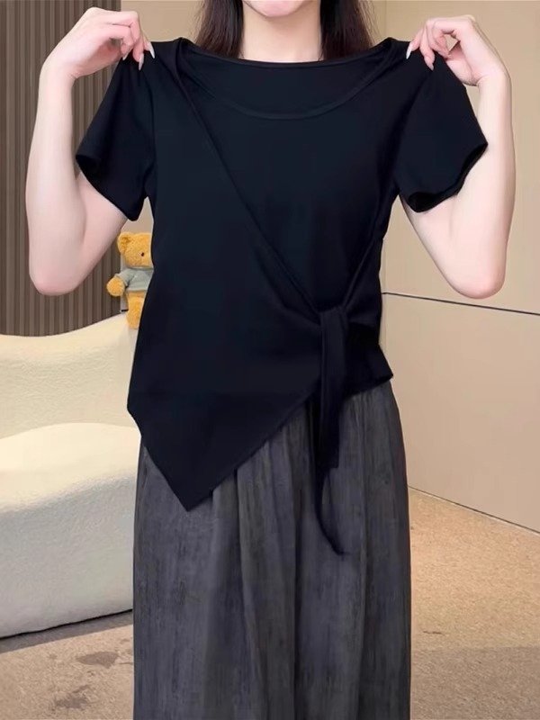 Vapetix M-4XL Pure Cotton Design Sensory Irregular Strapped Waist-Snapping Short-Sleeve T-Shirt for Women - Summe - 图片 4