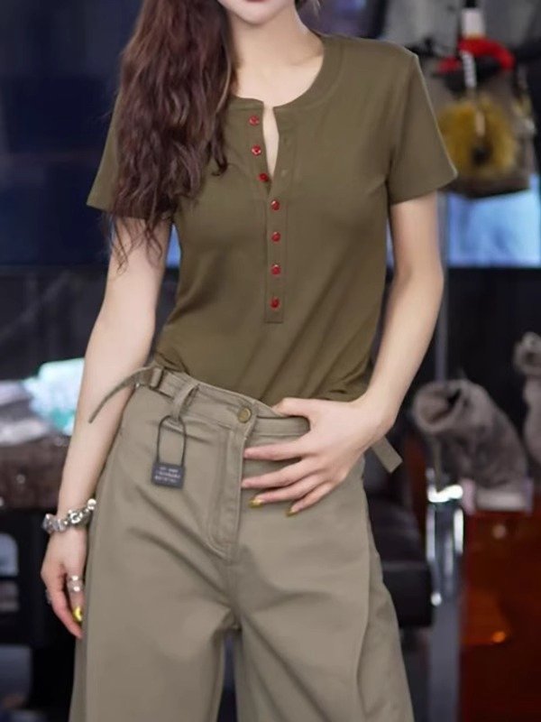 Vapetix M-4XL Cotton Design Semi-Button Short-Sleeve T-Shirt 2025 Summer New Arrival Plus Size Fat MM Slimming Fa