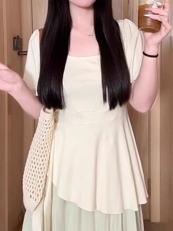 Vapetix M-4XL Pure cotton slimming design short-sleeved T-shirt for plus-size women with U-neck and irregular hem