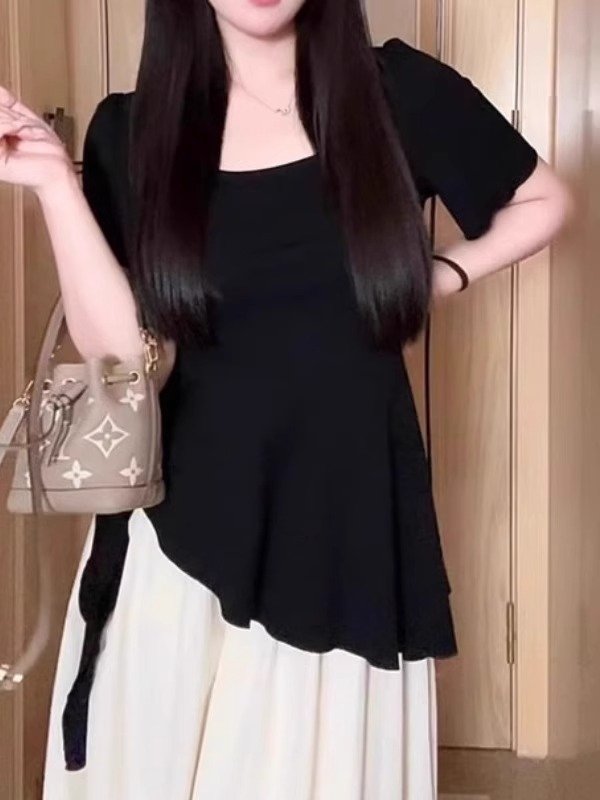 Vapetix M-4XL Pure cotton slimming design short-sleeved T-shirt for plus-size women with U-neck and irregular hem – Bild 3