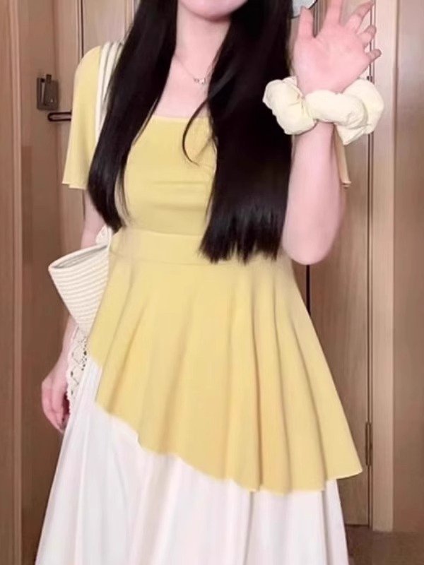 Vapetix M-4XL Pure cotton slimming design short-sleeved T-shirt for plus-size women with U-neck and irregular hem – Bild 5