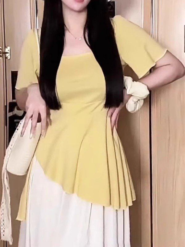 Vapetix M-4XL Pure cotton slimming design short-sleeved T-shirt for plus-size women with U-neck and irregular hem – Bild 7