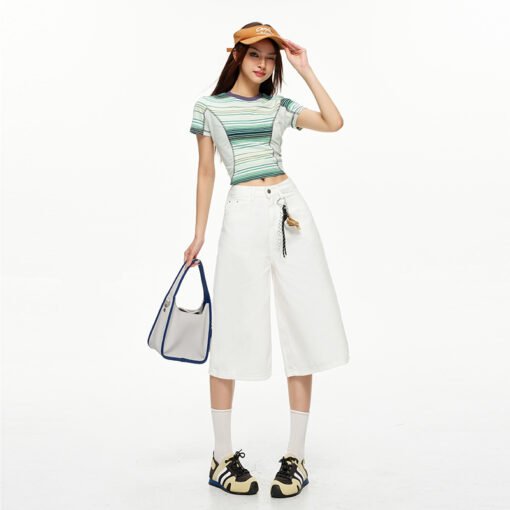 Vapetix XS-XL  Real shot~2025 summer American retro mischievous girl blue white high waist straight leg puppy embr