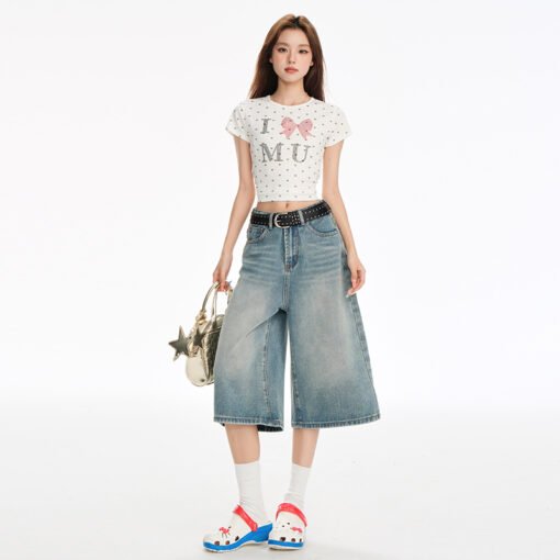 Vapetix XS-XL  Real shot~2025 summer American retro mischievous girl blue white high waist straight leg puppy embr – Bild 2