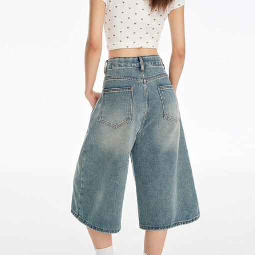 Vapetix XS-XL  Real shot~2025 summer American retro mischievous girl blue white high waist straight leg puppy embr – Bild 4