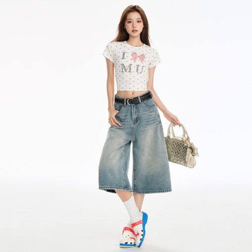 Vapetix XS-XL  Real shot~2025 summer American retro mischievous girl blue white high waist straight leg puppy embr – Bild 5