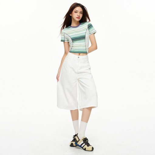Vapetix XS-XL  Real shot~2025 summer American retro mischievous girl blue white high waist straight leg puppy embr – Bild 8
