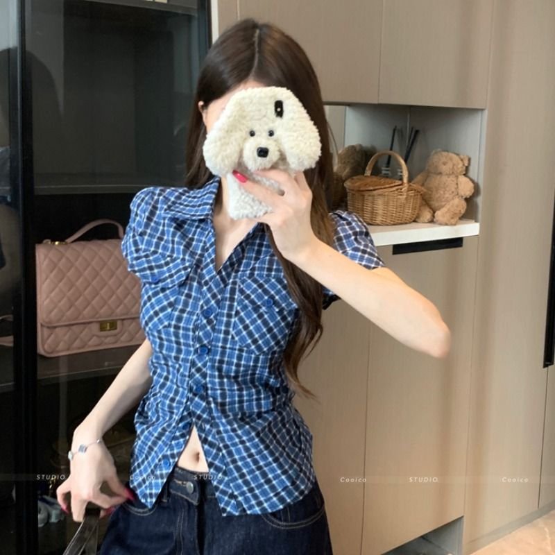 Vapetix S-XL Original Style Retro Plaid Short-Sleeve Shirt for Women - Summer Fitted Slimming Waist Sweet and Sp