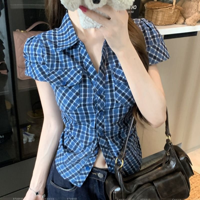 Vapetix S-XL Original Style Retro Plaid Short-Sleeve Shirt for Women - Summer Fitted Slimming Waist Sweet and Sp - 图片 3