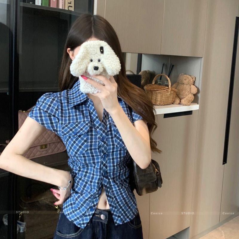 Vapetix S-XL Original Style Retro Plaid Short-Sleeve Shirt for Women - Summer Fitted Slimming Waist Sweet and Sp - 图片 5