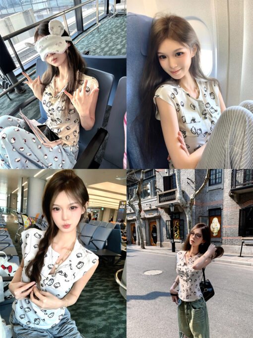 Vapetix S-XL  Kitty Girl's Cartoon Theme Printed Pocket T-shirt Women's Simple Sweet Style Sleeveless Short Top