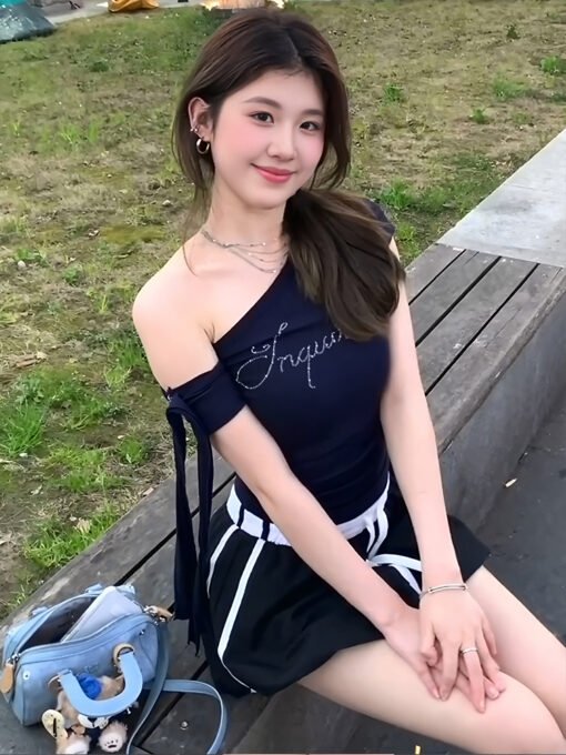 Vapetix S-XL  1*1 casual design asymmetrical navy blue oblique shoulder short sleeve T-shirt women's Korean style