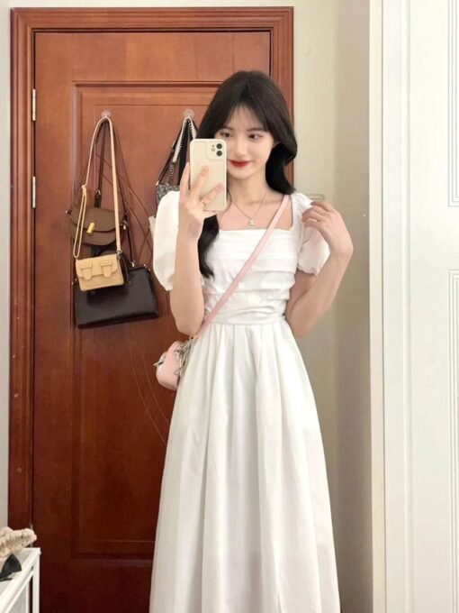 Vapetix S-XL  High-end sweet first love gentle style casual loose slim white pleated puff sleeve dress for women