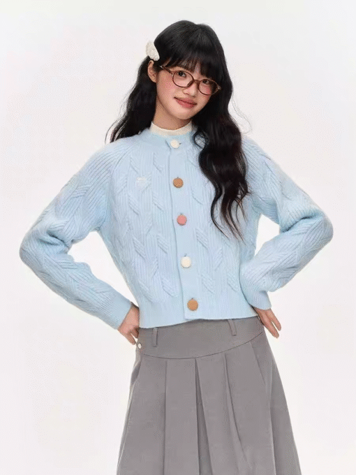 Vapetix S-L  NT Design Sweet Raglan Slim-Fit Chic Autumn Knitted Top Twisted Flower Embroidered Color Buckle Sho
