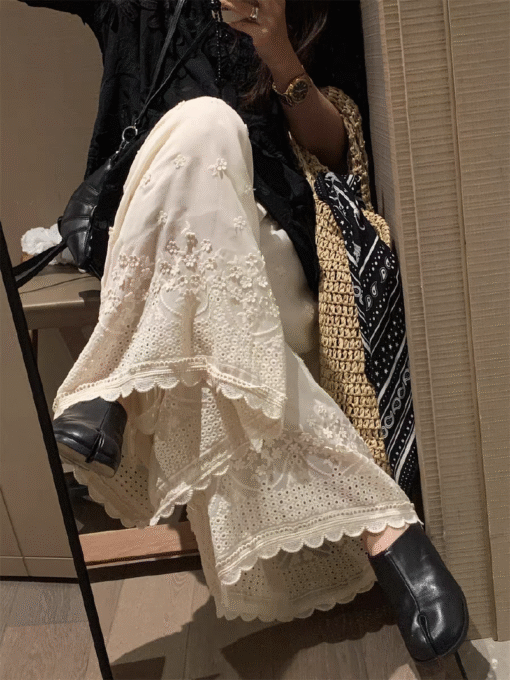 Vapetix M-2XL  Heavy Industry Flower Embroidered Edge Wide Leg Pants 2025 Summer New Product Gentle and Flowing Kn - Imagen 3
