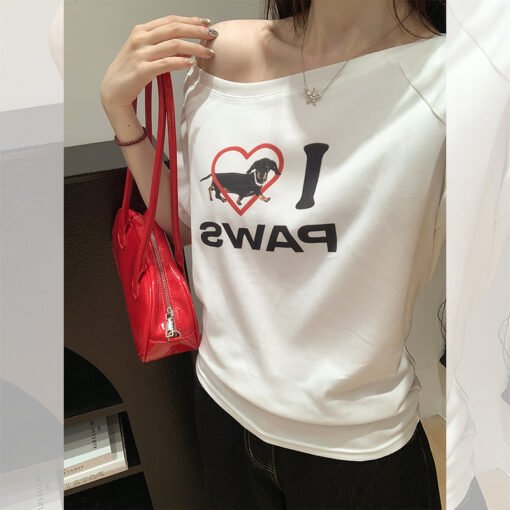 Vapetix S-XL  Vintage American Hot Dog Love Print Off-Shoulder Short Sleeve T-Shirt Summer New Arrival Women's Of - Imagen 2