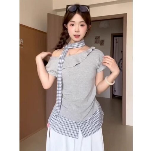 Vapetix S-XL  Cotton Striped + Neck Scarf Korean Style Asymmetrical Two-Piece Short Sleeve T-Shirt for Women - Su – Bild 2