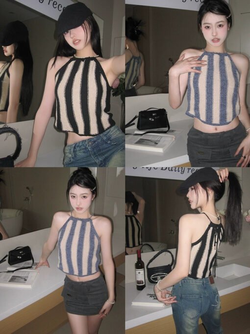 Vapetix One size fits all-One size fits all  Tmall Quality Contrast Color Striped Knitted Halter Strap Women's Summer Back Lace-up Slim-fit Shor - obrazek 5