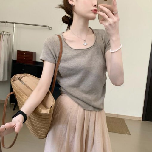 Vapetix Free Size-Free Size  Grey Ice Silk Knitted Short-Sleeve T-Shirt for Women - Summer New Arrival Slimming Crepe Waist-Tie - Afbeelding 3