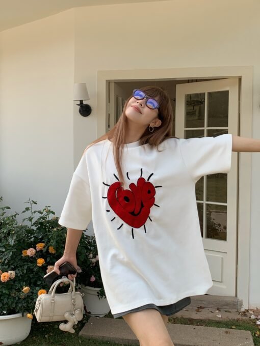 Vapetix S-2XL  Printed Letter Love T-shirt Women's Spring 2025 New American-style Loose Casual Age-reducing All-ma – Bild 2