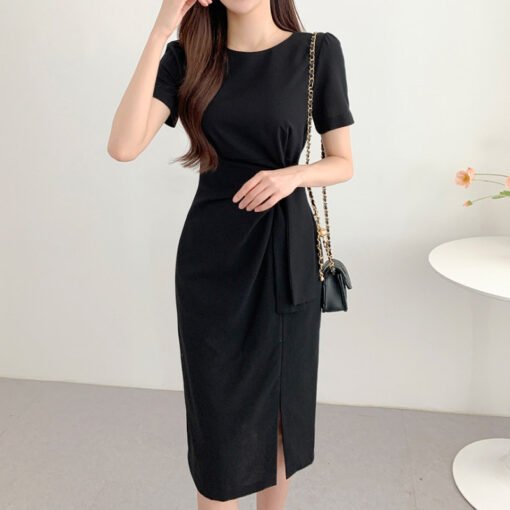 Vapetix Universal code-Universal code  Korean chic summer retro niche round neck kink strap waist puff sleeve side slit hip dress for wome - Pilt 3