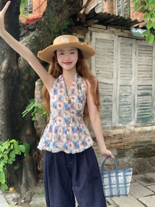 Vapetix S-L  Vintage Grid Sleeveless Backless Top with Design Sense, Small-Batch Fitted Slimming Neckline Flower