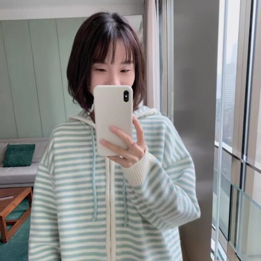 Vapetix S-L  freshtaro Cream Green/Light Pink/Tomato Red Hooded Striped Knitted Cardigan Sweater Women's Early S