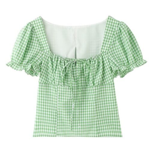 Vapetix S-XL  Green Grid Square Collar Puff Sleeve Women's Summer New Slimming Waist Short Top - Afbeelding 4