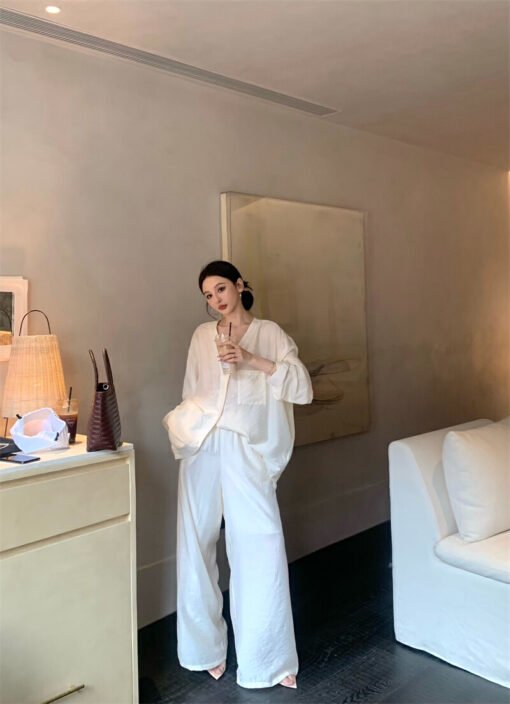 Vapetix S-M  Photographed Lazy Old Money Style Loose Wide Leg Pants Two-Piece Set Shirt Set