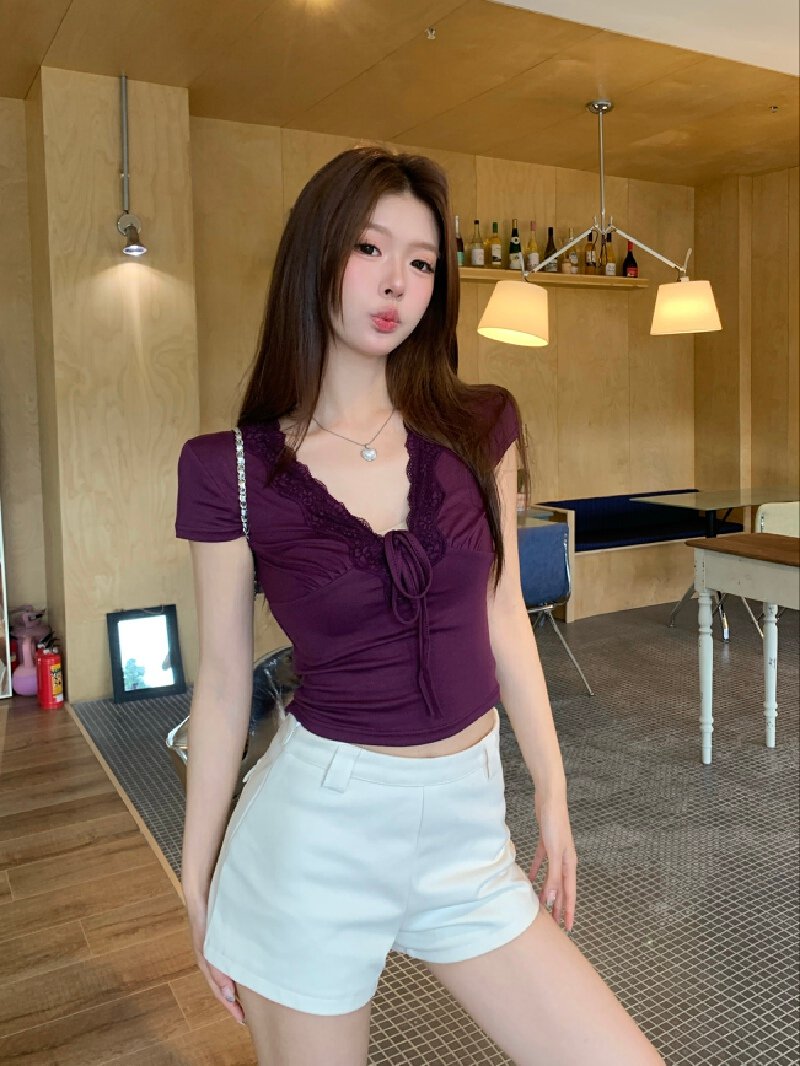 Vapetix Free Size-Free Size Photo-shoot New Lace Edge Strap Design Pure Desire Style Slimming Hot Chick T-shirt Short-sleeve To – Bild 3