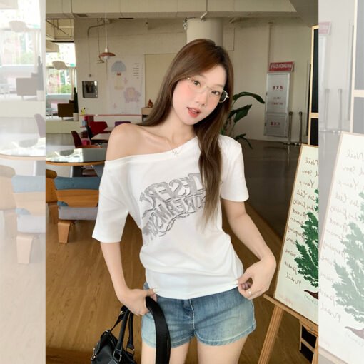 Vapetix S-XL  Letter Print Short-Sleeve T-Shirt for Women - Summer, Off-the-Shoulder, Trendy, Niche, Sexy, Pure D – Bild 3