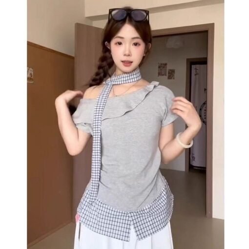 Vapetix S-XL  Cotton Striped + Neck Scarf Korean Style Asymmetrical Two-Piece Short Sleeve T-Shirt for Women - Su – Bild 4