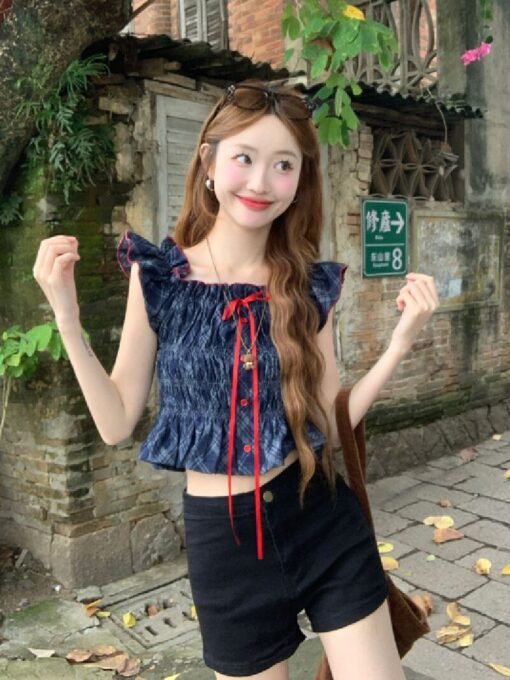 Vapetix Free Size-Free Size  Real shot Design sense one shoulder denim short top women's off-shoulder sleeveless T-shirt sweet a - Afbeelding 3