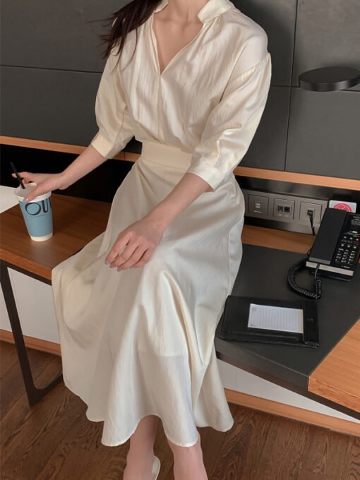 Vapetix Universal code-Universal code  Temperament V-neck mid-sleeved waist-hugging dress Korean style chic lady - Pilt 2