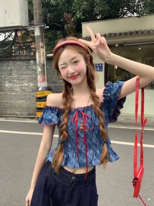 Vapetix Free Size-Free Size  Real shot Design sense one shoulder denim short top women's off-shoulder sleeveless T-shirt sweet a - Afbeelding 4