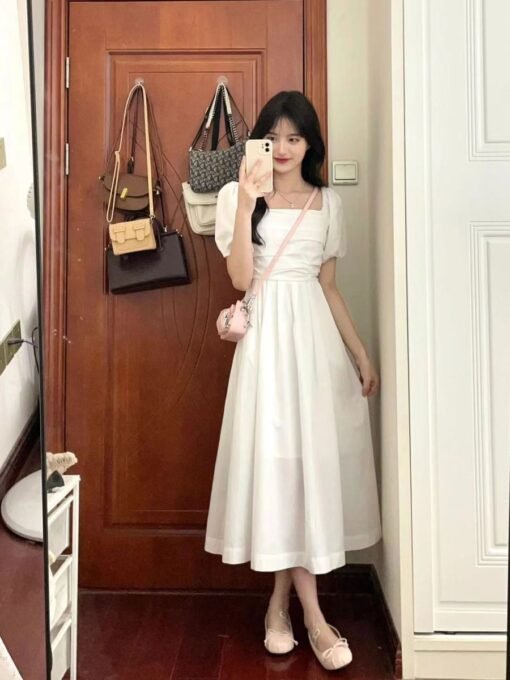 Vapetix S-XL  High-end sweet first love gentle style casual loose slim white pleated puff sleeve dress for women - Kuva 2
