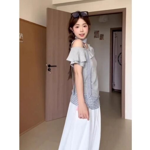 Vapetix S-XL  Cotton Striped + Neck Scarf Korean Style Asymmetrical Two-Piece Short Sleeve T-Shirt for Women - Su – Bild 5