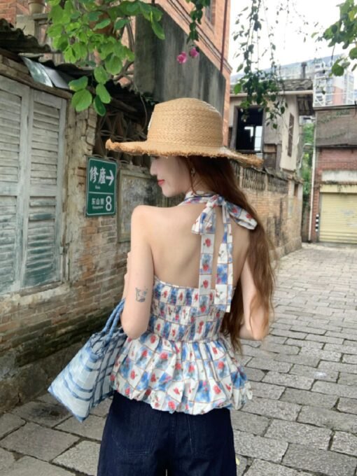 Vapetix S-L  Vintage Grid Sleeveless Backless Top with Design Sense, Small-Batch Fitted Slimming Neckline Flower – Bild 2